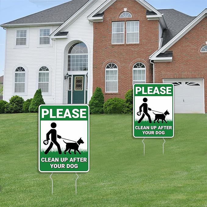 Clean Up After Your Dog Signs, 2 Pack Pick Up Dog Poop Yard Signs with Metal Stakes, Double Sided No Pooping Signs for Yard, UV Protected & Waterproof