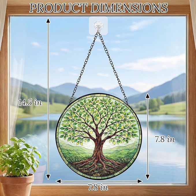 Sanwarm Stained Glass Window Hanging, Tree-of-Life Green Suncatcher Window Decor for Indoor Home Sun Catcher Ornament, Mother’s Day & Birthday Gift for Women, Men, Mom & Nana, 7.8 in