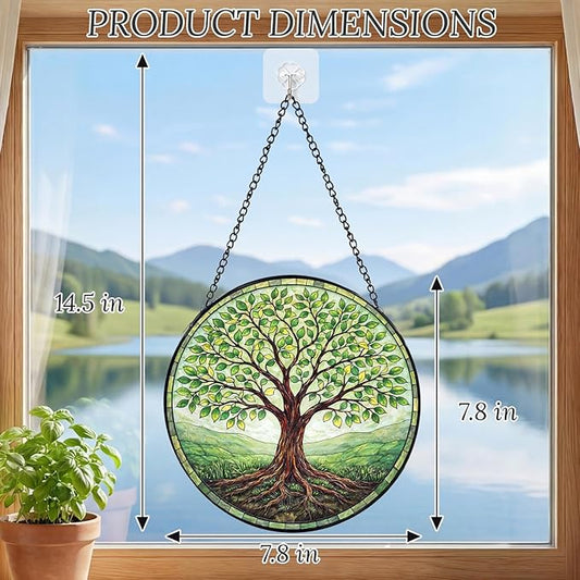 Sanwarm Stained Glass Window Hanging, Tree-of-Life Green Suncatcher Window Decor for Indoor Home Sun Catcher Ornament, Mother’s Day & Birthday Gift for Women, Men, Mom & Nana, 7.8 in