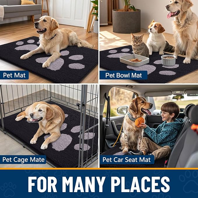 Smiry Dog Door Mat for Muddy Paws, Absorbs Moisture and Dirt, Low-Profile Entryway Mat with Non-Slip Backing, Entry Indoor Outdoor Doormat for Inside Floor (70x24 Inches, Black and Grey, Paw)