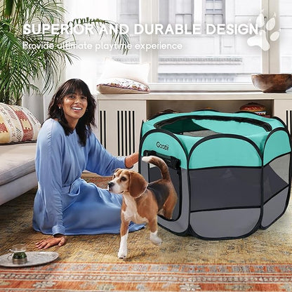 Pet Cat Playpen for Indoor Cats Enclosed, Puppy Dog Play Pen for Outdoor Travel Camping (Large Size, Green & Dark Grey)