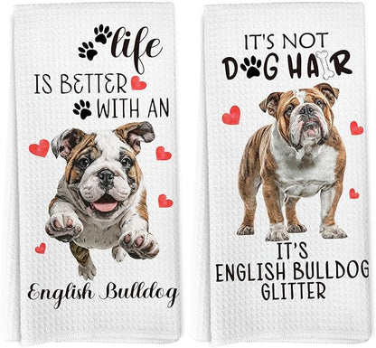 English Bulldog Gifts Kitchen Towels Set of 2, English Bulldog Decor, Dog Funny Hand Towels for Kitchen Bathroom Decor, Gifts for Dog Lovers Owners Women Men Dishcloths Dish Towel 16X24 Inches