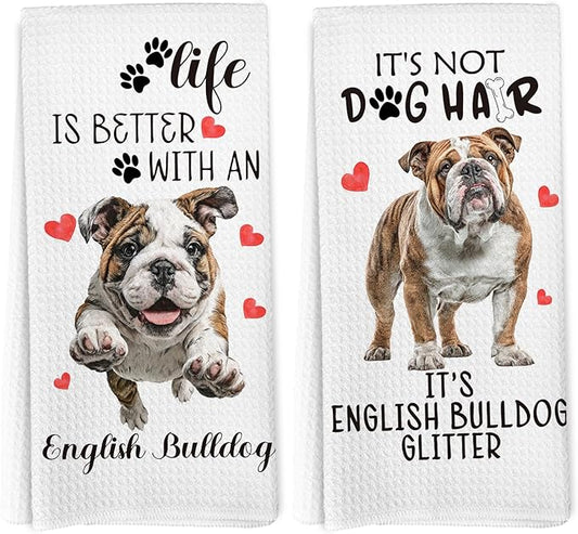 English Bulldog Gifts Kitchen Towels Set of 2, English Bulldog Decor, Dog Funny Hand Towels for Kitchen Bathroom Decor, Gifts for Dog Lovers Owners Women Men Dishcloths Dish Towel 16X24 Inches