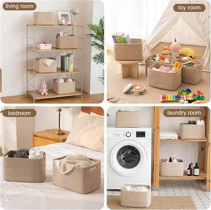 Storage Baskets for Organizing, Woven Decorative Baskets for Shelves - Books, Towels, and Clothes, Cotton Rope Toy Storage Bins, 12.7''Lx9''Wx7.8''H, Pack of 4, Brown