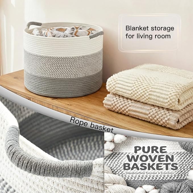 100L Large Cotton Rope Basket, Decorative Woven Blanket Storage for Living Room, Boho Toy Storage & Toy Box for Kids, Versatile Laundry Basket & Nursery Hamper for Blankets(Grey)