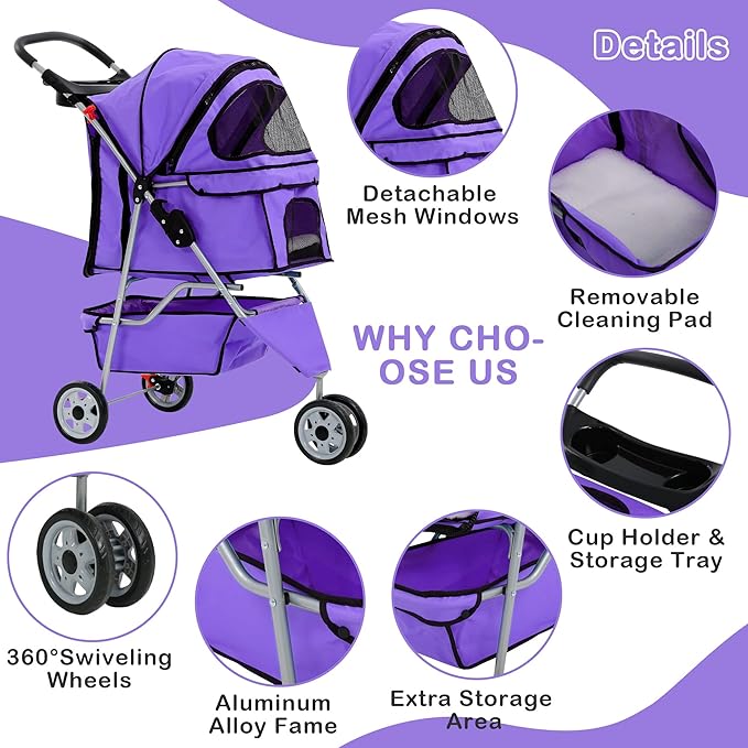 3 Wheels Dog Stroller, Foldable Pet Stroller for Small Medium Dogs, Portable Breathable Cat Stroller Dog Strollers with Storage Basket, Cup Holders, Removable Liner for Travel & Outdoor Use, Purple