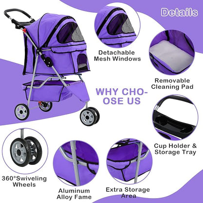 3 Wheels Dog Stroller, Foldable Pet Stroller for Small Medium Dogs, Portable Breathable Cat Stroller Dog Strollers with Storage Basket, Cup Holders, Removable Liner for Travel & Outdoor Use, Purple