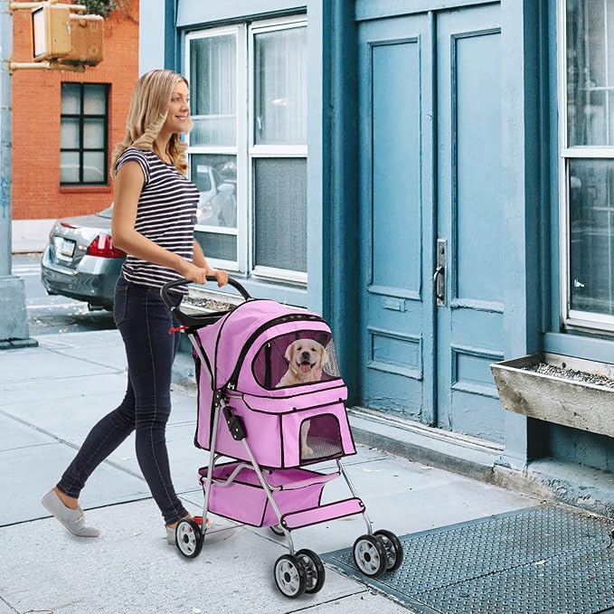 HHS Pet Stroller Cat Dog Strollers for Small Medium Dogs Double Puppy Doggie Carrier with Storage Basket and Cup Holder Foldable Travel Jogging Cart, Pink 17.5(L)*33(W)*38.6(H) inch