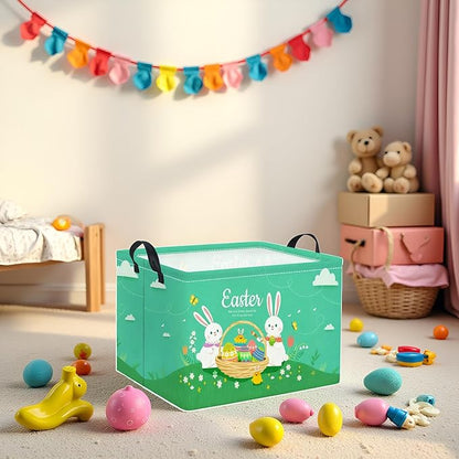 Rectangular Easter Basket for Home Kitchen Baby Girls Basket Cute Storage Bin Organizer Shelf Book Room Decor(Green Cute Bunny)