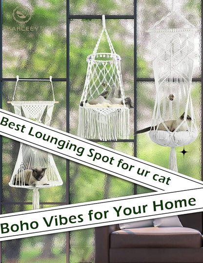 KARCEEY Cat Hammock Macrame Hanging Bed for Large Cats - 50lbs Heavy Duty Cat Swing Wall Mounted Boho Window Perch - Hardware Kit Included