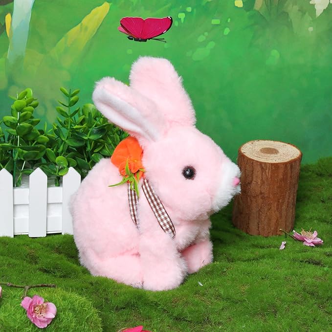 Easfan Walking Pink Rabbit Interactive Electronic Pet Plush Bunny Toy with Sounds Hopping Rabbit Ears Moving Educational Plush Toy Easter Birthday Gifts for Kids Girls, 7''