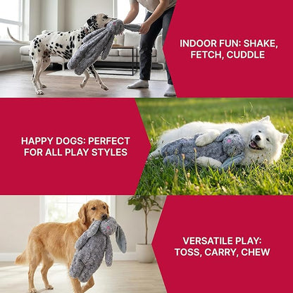 Pet Lou Floppy Rabbit Stuffingless Plush Dog Toy with Squeaker and Crinkle Paper, Dog Chew Toys, 19 Inch Durable Dog Toys for Medium and Large Dogs, Gray