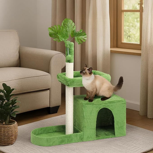Outvita Cat Tree 36in Monstera Cat Tower with Leaves, Multi-Level Cat Tree Tower with Cat Scratching Post, Cozy Cat Condo, Padded Beds, Dangling Ball for Kittens and Indoor Cats, Green