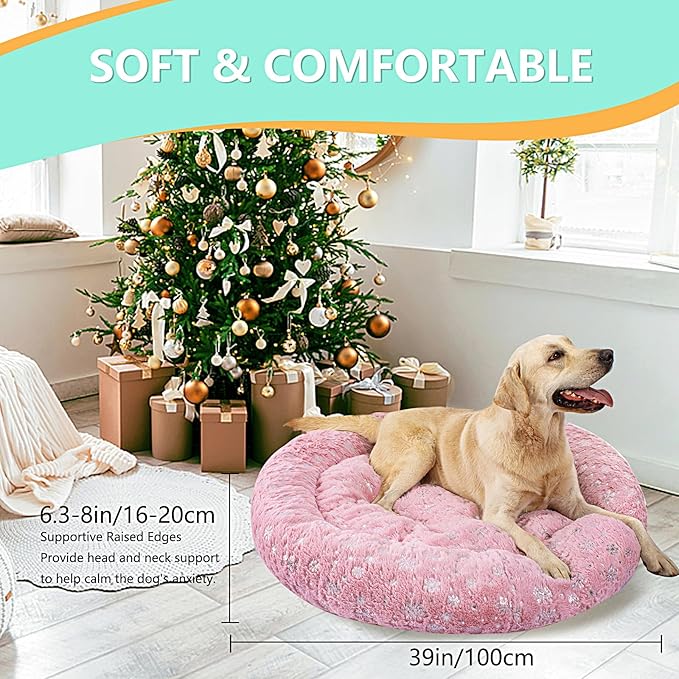 39 Inch Christmas Snowflakes Calming Dog Bed for Large Dogs, Round Anti-Anxiety Warm Bed, Soft Cozy Anti-Slip Donut Washable Pet Bed, Fits up to 100 lbs Pets
