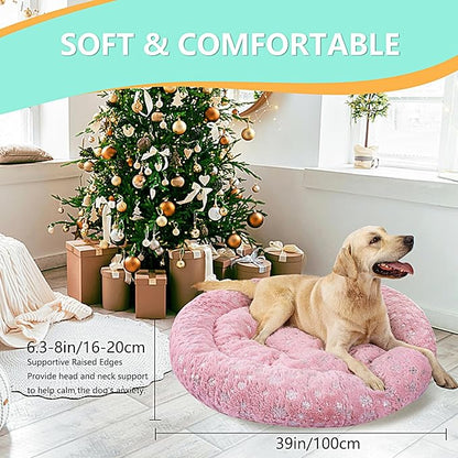 39 Inch Christmas Snowflakes Calming Dog Bed for Large Dogs, Round Anti-Anxiety Warm Bed, Soft Cozy Anti-Slip Donut Washable Pet Bed, Fits up to 100 lbs Pets