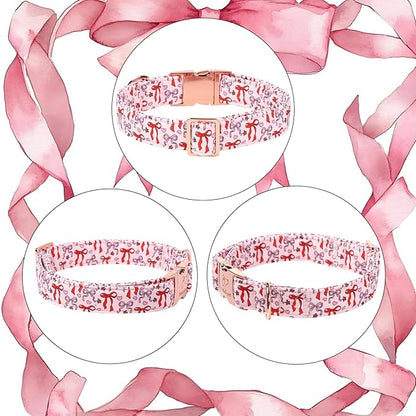 Pink Dog Collar for Female Medium Dogs - Cute Bow Pattern Girl Dog Collar for Spring Summer, Adjustable Heavy Duty Pet Valentines Collars with Metal Buckle M