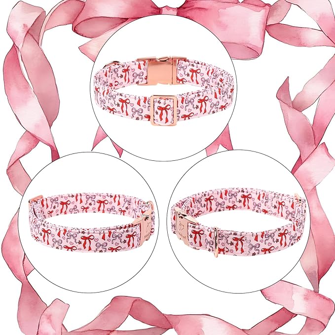 Pink Dog Collar for Female Small Dogs - Cute Bow Pattern Girl Dog Collar for Spring Summer, Adjustable Heavy Duty Pet Valentines Collars with Metal Buckle XS