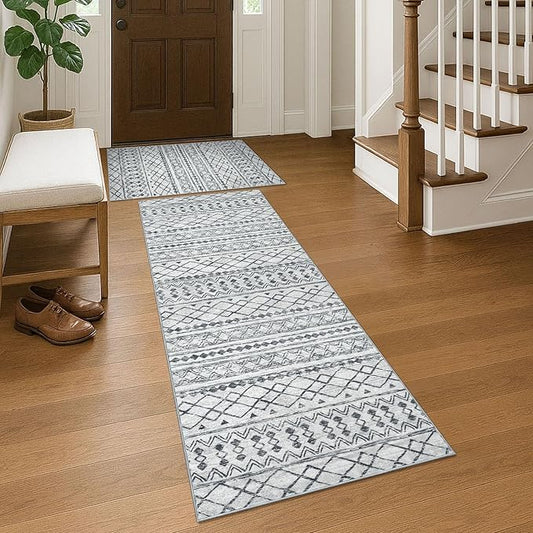 KUTA Moroccan Rugs for Entryway, 2PCS 2x3 and 2x6 Grey Entrance Small Area Rug, Non-Slip Washable Ultra Soft Hallway Runner Rug, Vintage Geometric Low-Pile Indoor Door Mat Floor Carpet