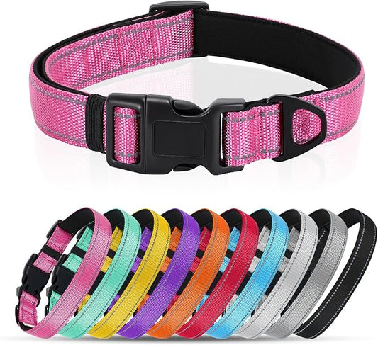 Reflective Dog Collar with Quick Release Buckle - Metal Ring - Adjustable Soft Neoprene Padded Basic Dog Collar for Small Medium Large Dogs (Hotpink, Medium :Width 1",Neck 13.8-19.6")