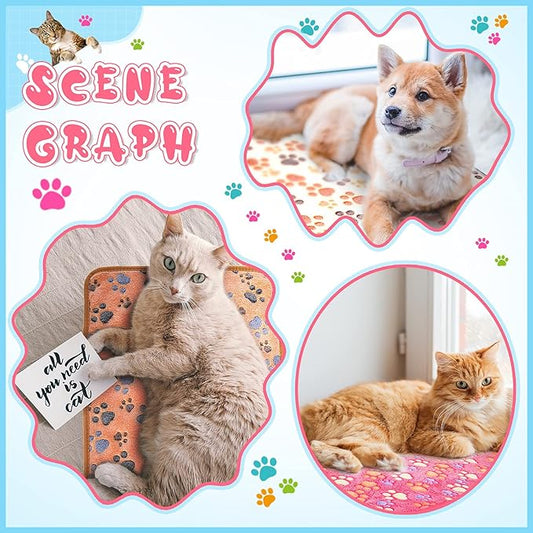 Tatuo 4 Pcs Dog Blanket for Pet Cat Blankets Indoor Puppy Teething Stuff Toys Paw Print Fleece Soft Blanket Sleep Mat for Guinea Pig Cage(White,X-Large(41 x 30 Inch),Square)