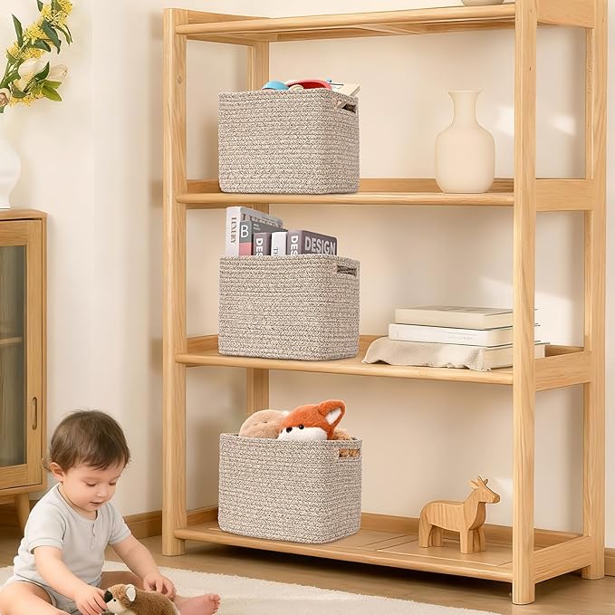 3 Pack Cube Storage Bin, 9”x9”x7” Cotton Rope Woven Baskets for Organizing Toys Clothes Towels, Square Gift Storage Baskets for Shelves, Nursery, Closet, Bathroom, Pantry (Jute)