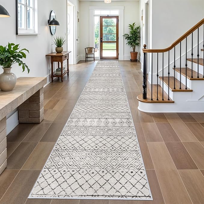 Washable Runner Rug 3x20 - Extra Long Runner Rugs for Hallways Low Pile Rug with Rubber Backing Floor Mat Non Slip Moroccan Indoor Carpet for Kitchen Bedroom Entryway 3x20 Geo Grey