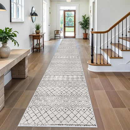 Washable Runner Rug 3x20 - Extra Long Runner Rugs for Hallways Low Pile Rug with Rubber Backing Floor Mat Non Slip Moroccan Indoor Carpet for Kitchen Bedroom Entryway 3x20 Geo Grey