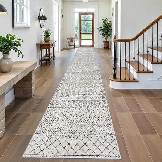 Washable Runner Rug 3x20 - Extra Long Runner Rugs for Hallways Low Pile Rug with Rubber Backing Floor Mat Non Slip Moroccan Indoor Carpet for Kitchen Bedroom Entryway 3x20 Geo Grey