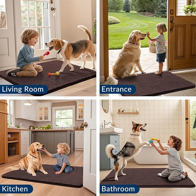 Smiry Dog Door Mat for Muddy Paws 44x24, Absorbs Moisture and Dirt Doormat, Non-Slip Washable Quick Dry Chenille Front Door Mat Indoor Entrance, Entryway Carpet for Inside Floor, Brown