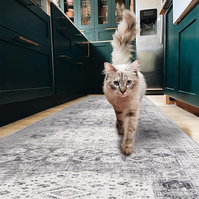 RUUGME 2'6x12 Hallway Runner Rug - Vintage Washable Kitchen Rugs with Non Slip Backing Soft Stain Resistant Carept for Living Room Bedroom Indoor Home Decor Floor Mat for Bathroom (2'6''x12', Grey)