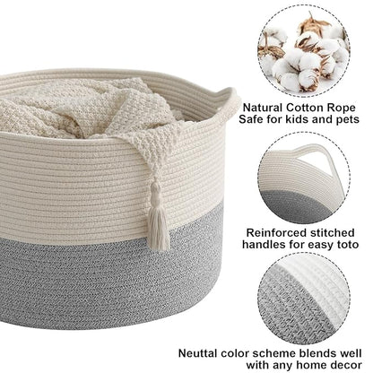 90L Large Blanket Basket,21.7"L x 21.7"W x 13.8"H Rope Woven Baskets with Handles, Toys Storage Bins,Laundry Basket Perfect for Living Room, Nursery,Bedroom,Home Organization,White&Grey
