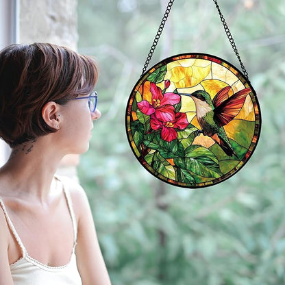 Stained Glass Suncatcher, Hummingbird Red Flowers Green Leaves Sun Catcher Stain Glass Window Hanging Decoration Mother's Day Birthday Gifts for Bird Lover Women Men Mom Nana 15 in