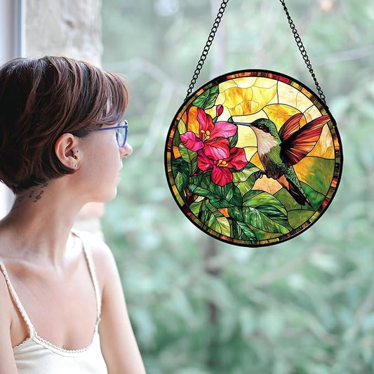 Stained Glass Suncatcher, Hummingbird Red Flowers Green Leaves Sun Catcher Stain Glass Window Hanging Decoration Mother's Day Birthday Gifts for Bird Lover Women Men Mom Nana 15 in