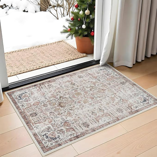 Washable Living Room Area Rug - 2x3 Small Bedroom Rugs Vintage Rustic Style Carpets with Non Slip Backing Distressed Floor Mat for Dining Room Kitchen Bathroom (2' x 3', Dusty Rose)