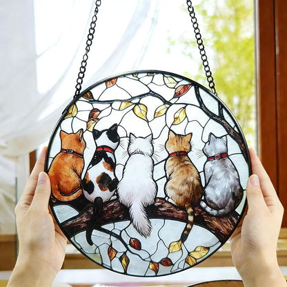 Cat Suncatcher Stained Glass Window Hanging (7.8 in) - Gifts for Cat Lovers Women Mom Grandma Friend Teacher Birthday and Housewarming Wall Art Decor for Kitchen Living Room Indoor Windows