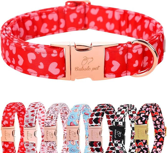Valentines Dog Collar, Red Pink Heart Valentine Pet Collar with Metal Buckel, Durable Adjustable Holiday Dog Collars for Small Medium Large Dogs XL