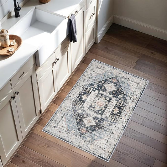 Living Room 2x3 Washable Rug - Entryway Vintage Small Area Rugs Stain Resistant Rugs with Non Slip Backing Soft Carpet for Bedroom Dining Room Kitchen Distressed Floor Mat (2x3, Deep Blue/Navy)