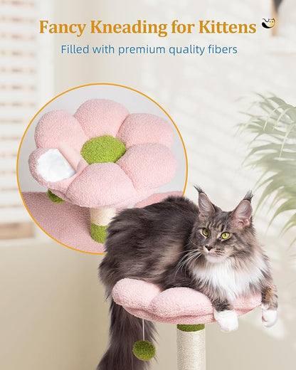 Aechonow Flower Cat Tree for Indoor Cats, 2-Door Large Cat Condo Cave Bed for Big Adult Cats, 41.2'' Cute Cat Tower with Scratching Posts, Cozy Floral Perch and Hammock for Kittens, Green Pink
