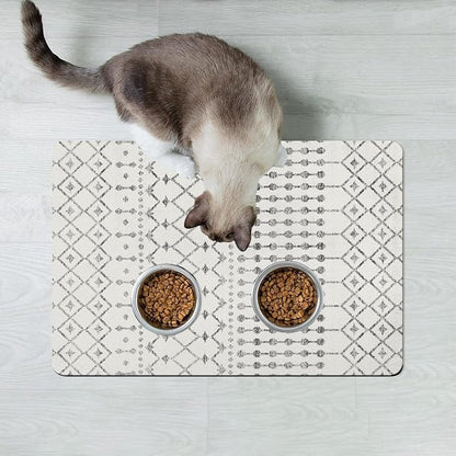 Dog Food Mats for Floors Absorbent, Cat Food Mat - Pet Cat Feeding Mat Quick Dry, Dog Bowl Mats for Water, Pet Supplies Feeding Placemat 16" x 24" White Boho