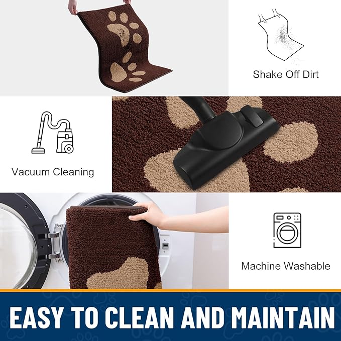Smiry Dog Door Mat for Muddy Paws, Absorbs Moisture and Dirt, Low-Profile Entryway Mat with Non-Slip Backing, Entry Indoor Outdoor Doormat for Inside Floor (47x24 Inches, Brown, Paw)