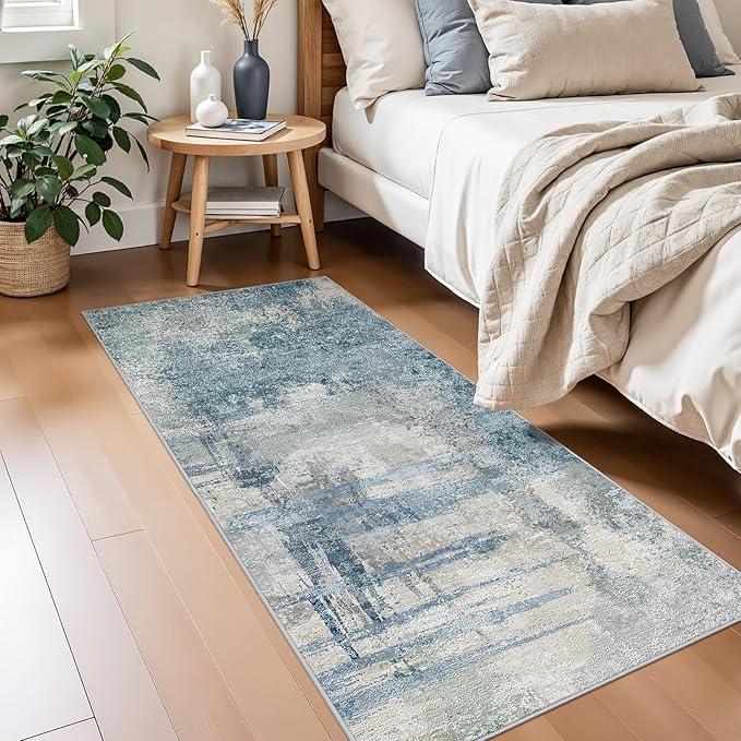 Modern Abstract Runner Rug 2x5: Washable Non-Slip Hallway Runner for Entryway, Kitchen - Soft Low-Pile Carpet with Rubber Backing, Throw Rugs for High Traffic Areas 2x5 Blue