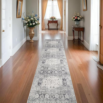 Washable 2x10 Kitchen Rugs - Hallway Rug Runner with Non Slip Rubber Backing Distressed Vintage Bedroom Entryway Carpet Soft Indoor Home Decor Floor Mat for Laundry Bathroom (2'x10', Grey)