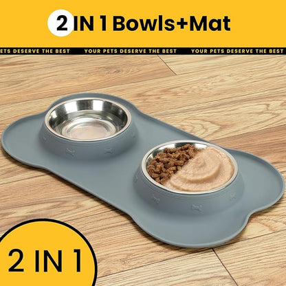 Dog Bowls with Non-Slip Silicone Mat, Spill Proof Large Food & Water Bowls Set, Easy Clean Dog Food Dish, Dishwasher Safe, Suitable for Dogs Cats Pet Under 90lbs, Large, Grey