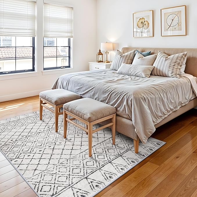 4x6 Area Rug Geometric Moroccan: Washable Non Slip Thin Low Pile Neutral Rugs - Modern Distressed Soft Carpet for Living Room Dining Room Entryway Farmhouse Decor 4x6 Geo Grey