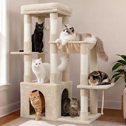 Heybly Heavy Duty Cat Tree, Tower for Indoor Cats Large Adult, Tall Cat Condo House with Extra-Large Baseboard, Multi-Level Plush Furniture with Scratching Posts, Hammock,Toy Balls, Beige HCT026M
