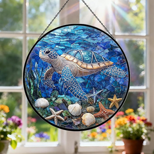 Sea Turtle Suncatcher Decor - Sea Turtles Gifts for Women - Turtles Stained Glass Window Hanging for Turtle Lovers - Blue Sea Glass Wall Art Home Decor Outdoor Garden for Women, Moms, Beach Lovers