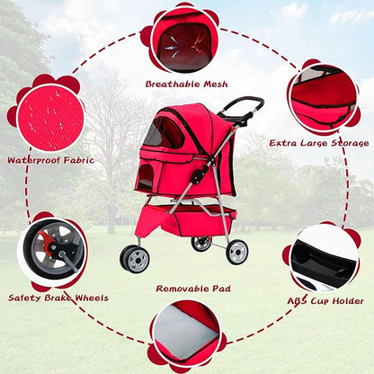 Pet Stroller for Small Medium Dogs & Cats,3-Wheel Breathable Compact Foldable Dog Carrier with Storage Basket, Outdoor Portable Lightweight Travel Stroller for Camping,Red