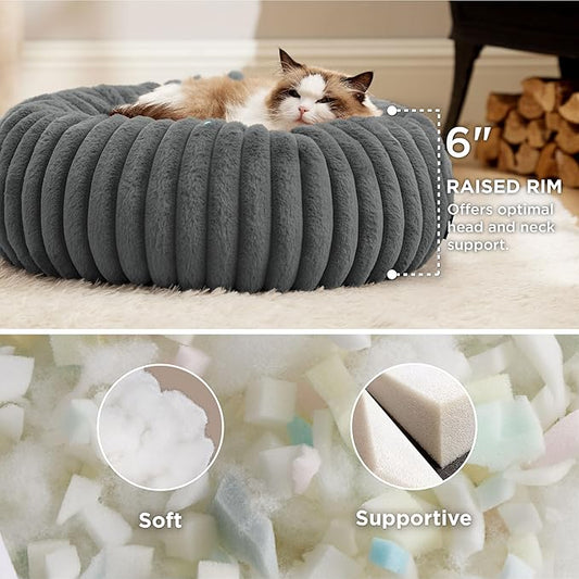 Bedsure ComfyFleece™ Cat beds for Indoor Cats - Donut Dog Beds for Small Dogs with Corduroy Fleece & Anti Slip Bottom, Faux Fur Pet Beds with Washable Removable Cover, Warm Grey, 20x20x6 inches