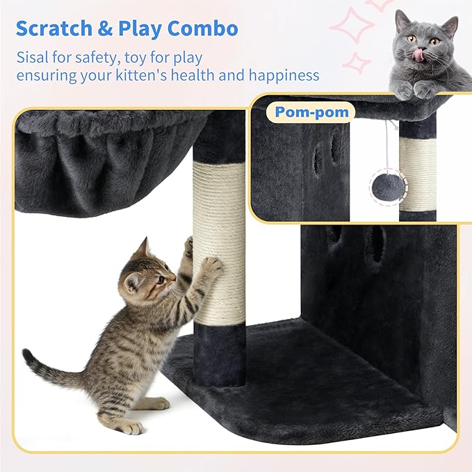 Heybly Cat Tree, 25.6-inch Cat Tower with Spacious Top Perch for Large Cats, Stair-Style Cat House Furniture with Dual-Layer Condos, Sisal Scratching Posts, Cozy Basket & Pompom, Smoky Gray HCT204SG