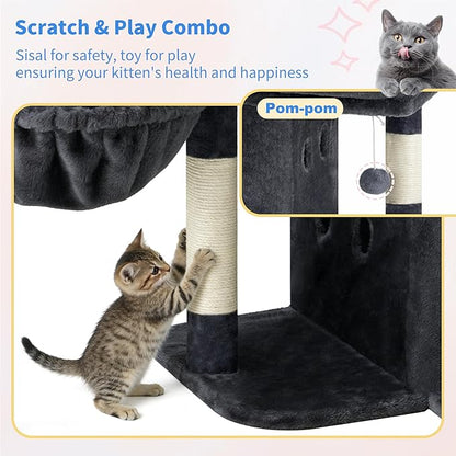 Heybly Cat Tree, 25.6-inch Cat Tower with Spacious Top Perch for Large Cats, Stair-Style Cat House Furniture with Dual-Layer Condos, Sisal Scratching Posts, Cozy Basket & Pompom, Smoky Gray HCT204SG